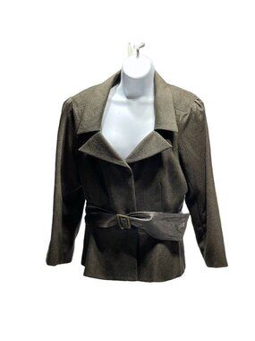 Kay Unger New York Belted Blazer Jacket Size 16 Polyester Rayon Blend Brown Gray